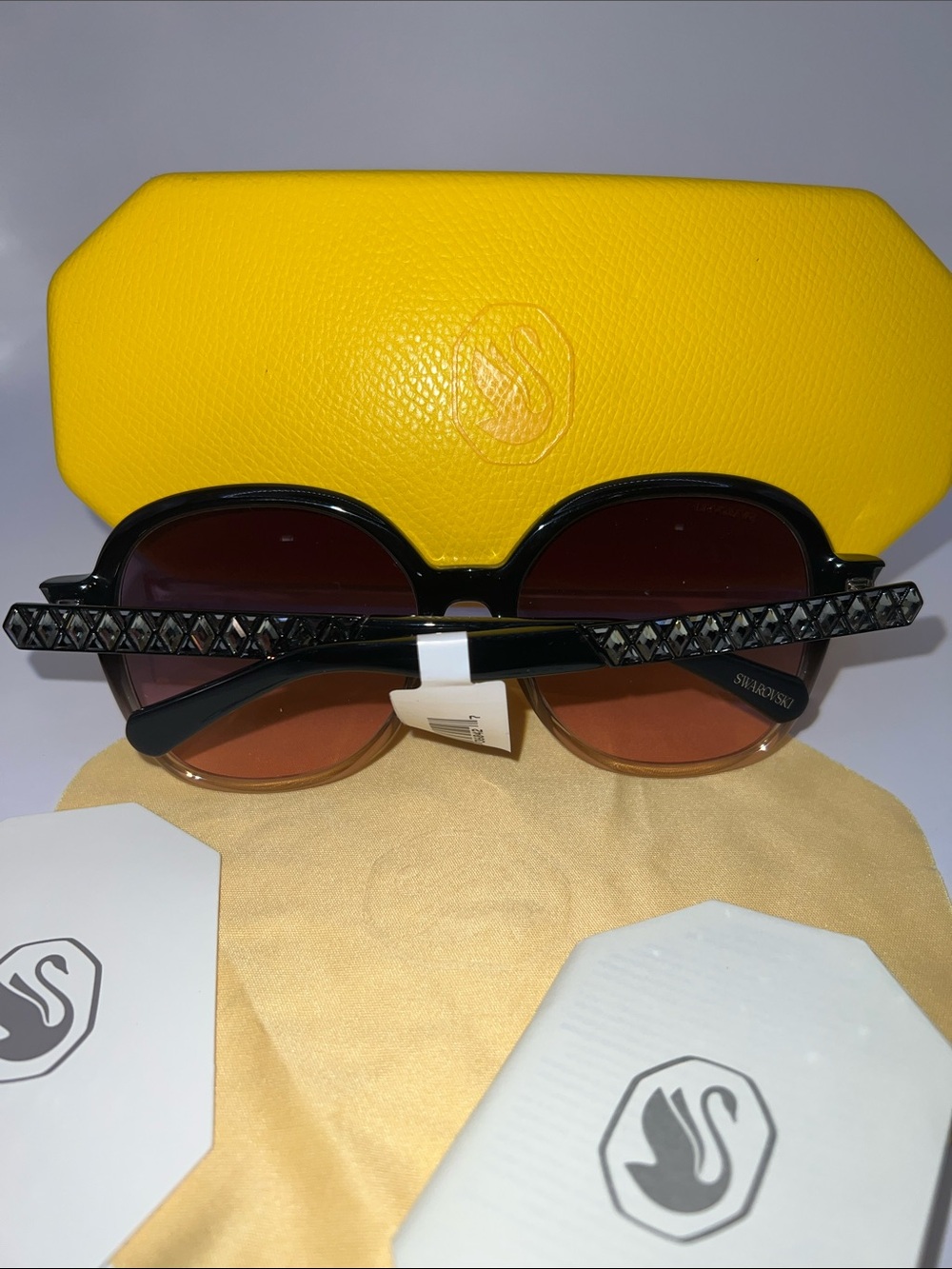 Swarovski Black Frame Sunglasses with Crystal-Accent Temples - Black/Brown - Picture 5 of 15